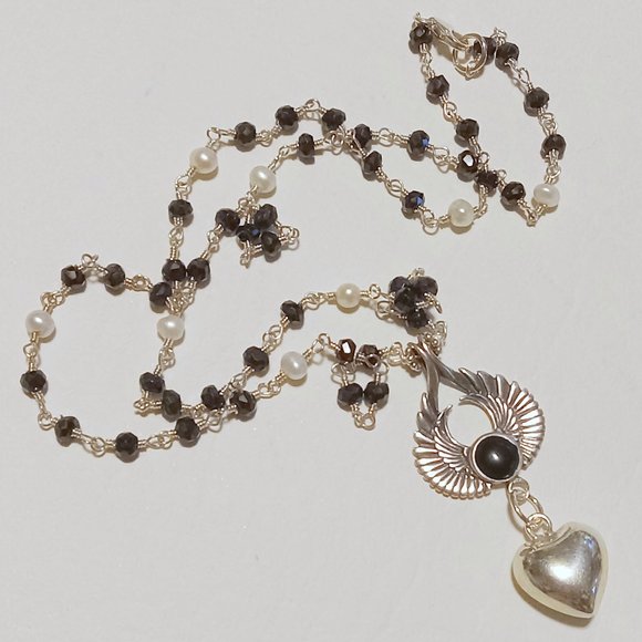 Vintage Sterling Silver Onyx Bezel Set Angel Wings Rosary Bead - Picture 7 of 14